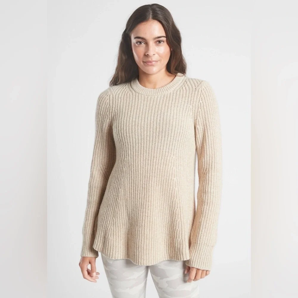 Athleta Womens Sierra Crew Neck Tunic Sweater Wool Blend Ivory Beige Size Medium